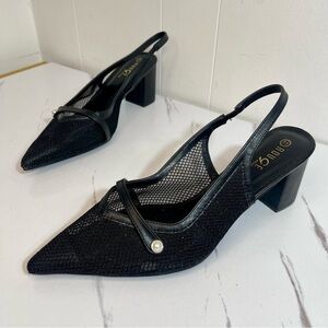 Nicole Miller Women’s 11 Black Mesh Slingback kitten heel Pump Pearl Detail